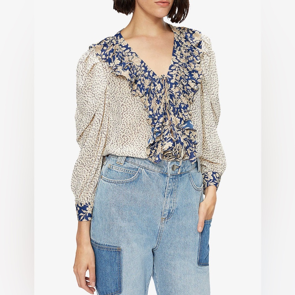 Ted Baker Floral Ruffle Mixed Print Long‎ Puff Sleeves Front Tie Blouse Size 4/L